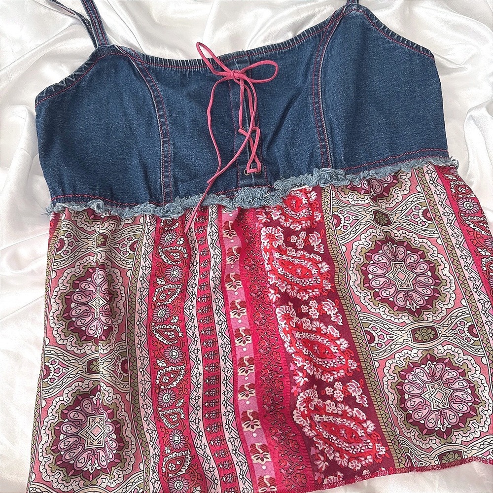 Zoey Beth Y2K Denim Paisley Mixed Media Camisole Top Pink Blue Medium